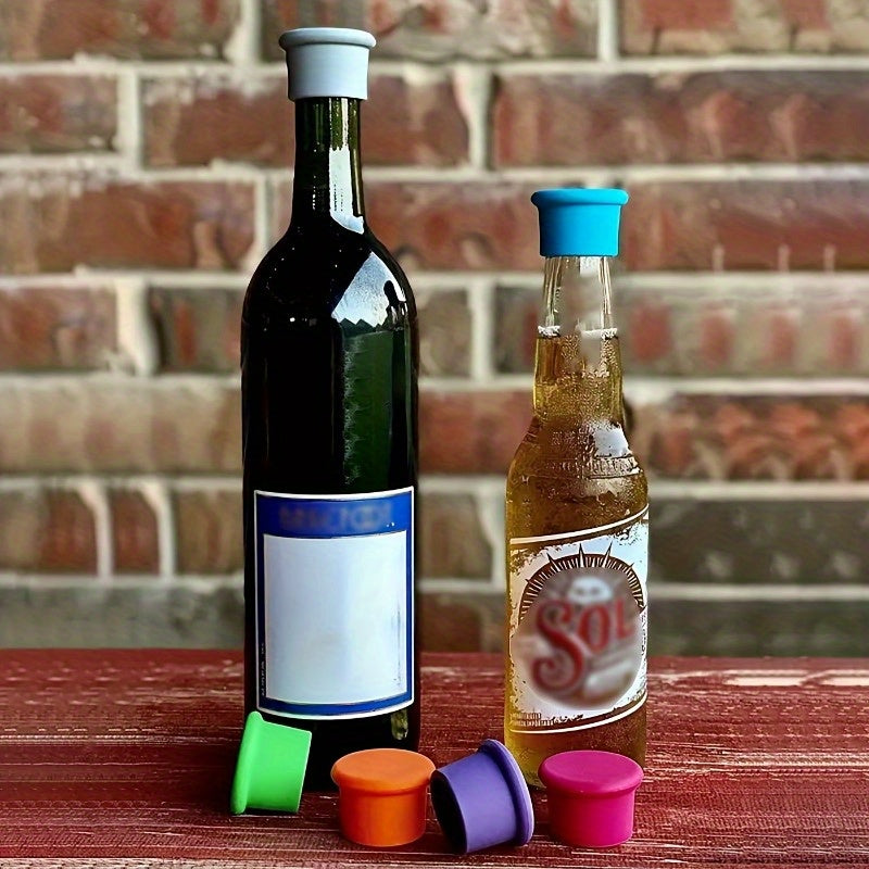 5 silicone wine stoppers designed to preserve freshness of beverages such as beer, champagne, and other drinks; summer beverage accessories for the home kitchen.