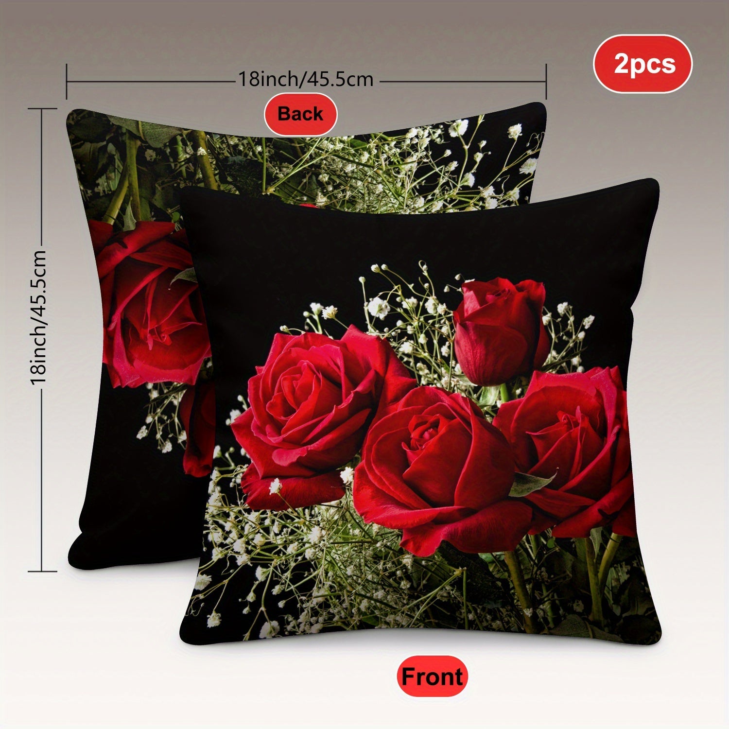 Two-piece set of plush pillow covers with a rose design - ultra-soft material, reversible design, easy to clean with a zip closure. Ideal for adding a touch of elegance to your sofa, living room, or bedroom decor. Each cover measures 45.72x45.72 cm.