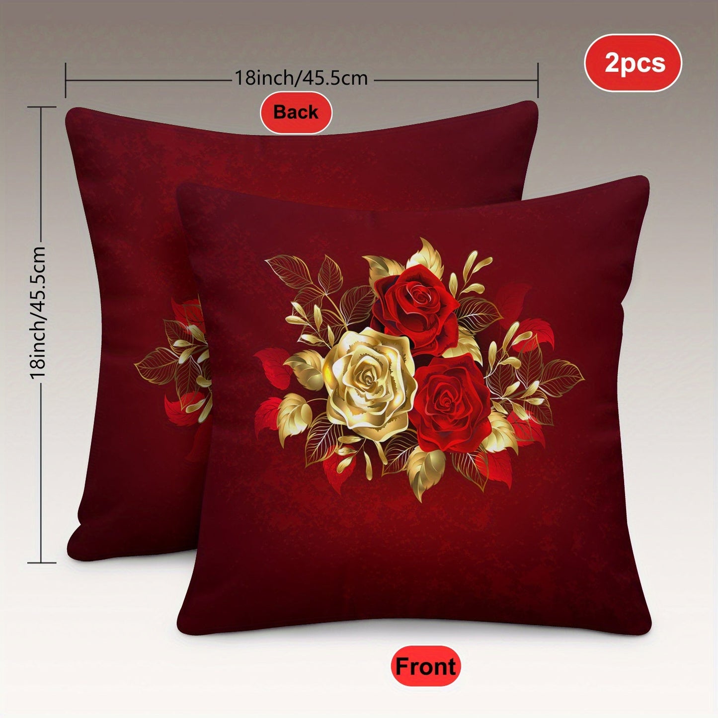 Two-piece set of plush pillow covers with a rose design - ultra-soft material, reversible design, easy to clean with a zip closure. Ideal for adding a touch of elegance to your sofa, living room, or bedroom decor. Each cover measures 45.72x45.72 cm.