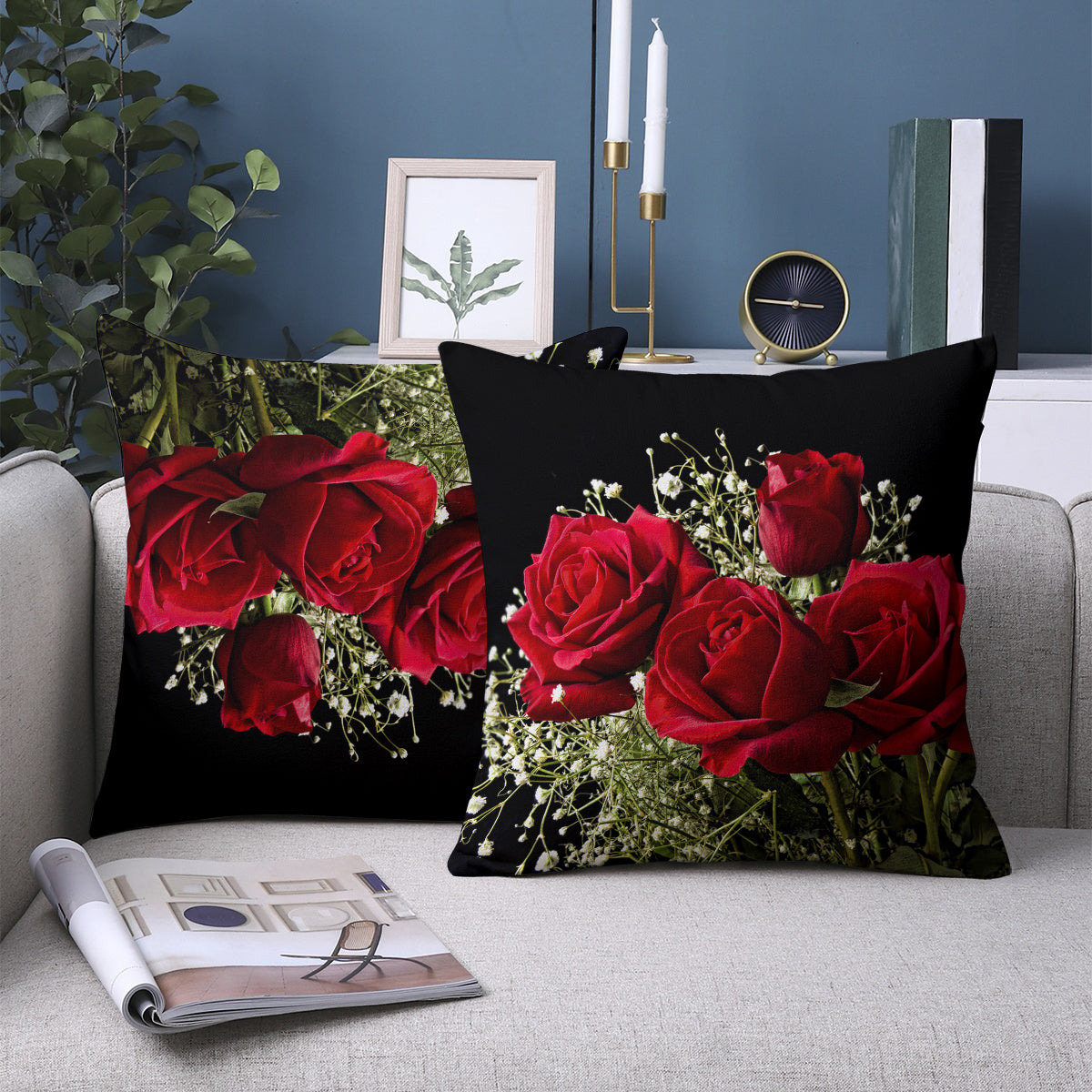 Two-piece set of plush pillow covers with a rose design - ultra-soft material, reversible design, easy to clean with a zip closure. Ideal for adding a touch of elegance to your sofa, living room, or bedroom decor. Each cover measures 45.72x45.72 cm.