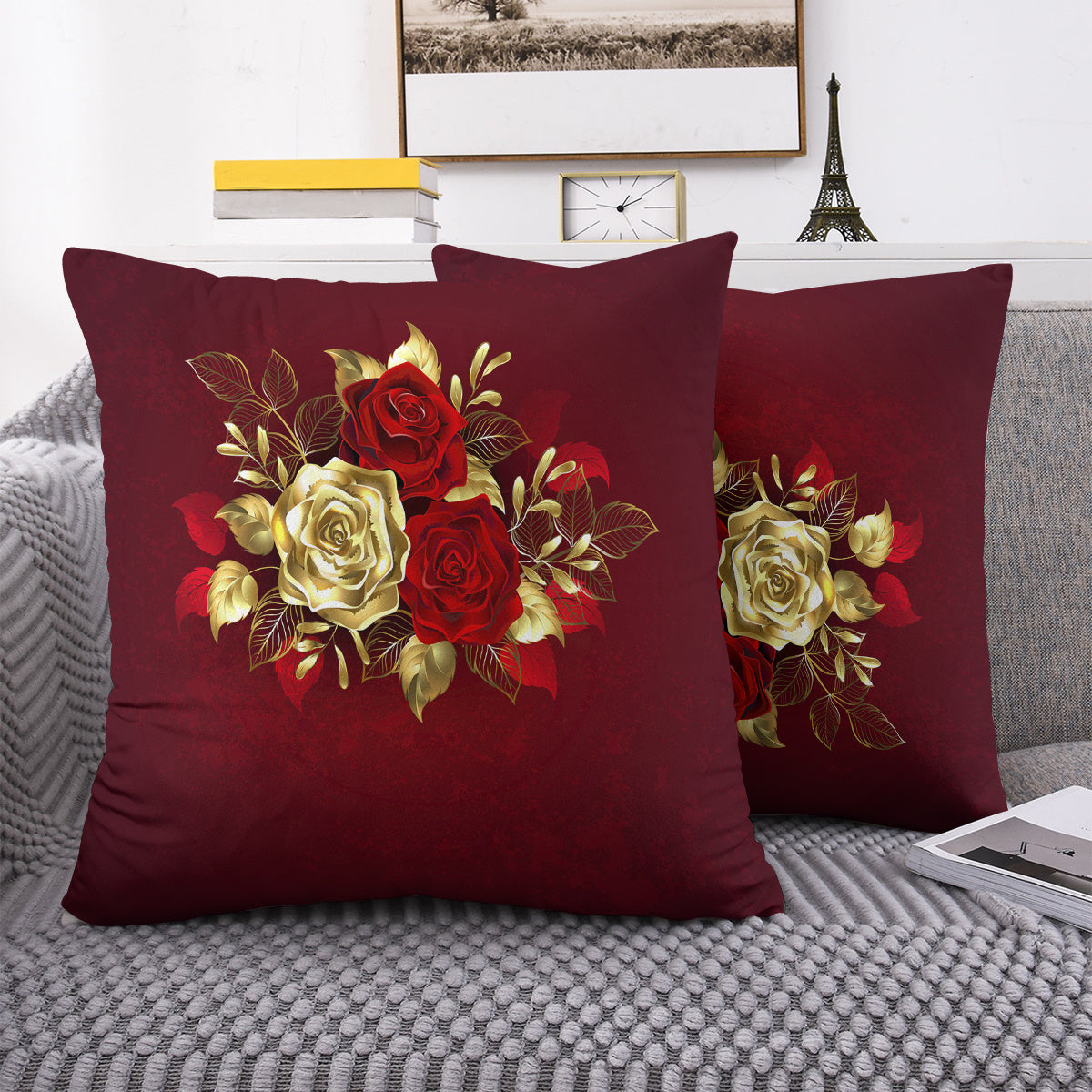 Two-piece set of plush pillow covers with a rose design - ultra-soft material, reversible design, easy to clean with a zip closure. Ideal for adding a touch of elegance to your sofa, living room, or bedroom decor. Each cover measures 45.72x45.72 cm.