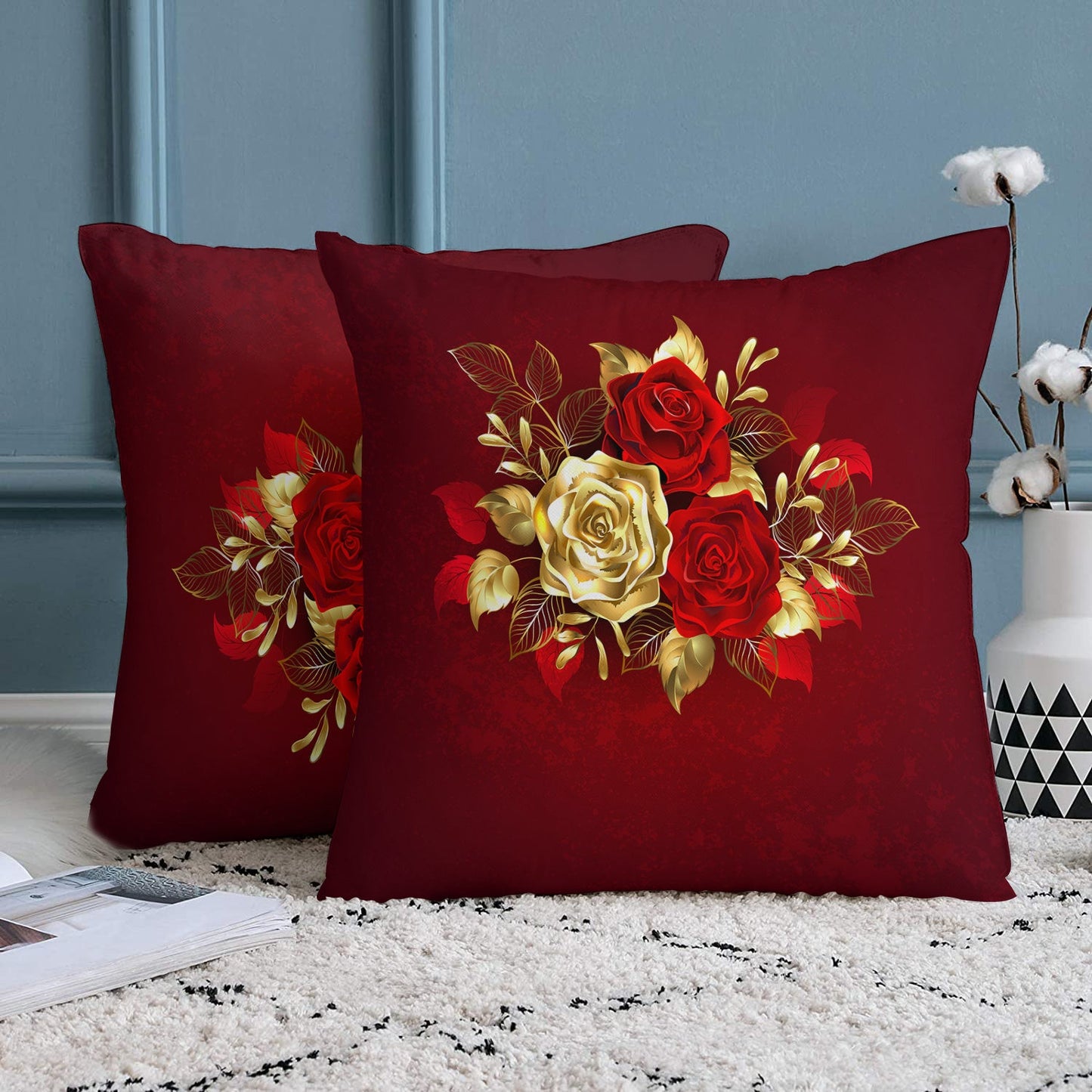 Two-piece set of plush pillow covers with a rose design - ultra-soft material, reversible design, easy to clean with a zip closure. Ideal for adding a touch of elegance to your sofa, living room, or bedroom decor. Each cover measures 45.72x45.72 cm.