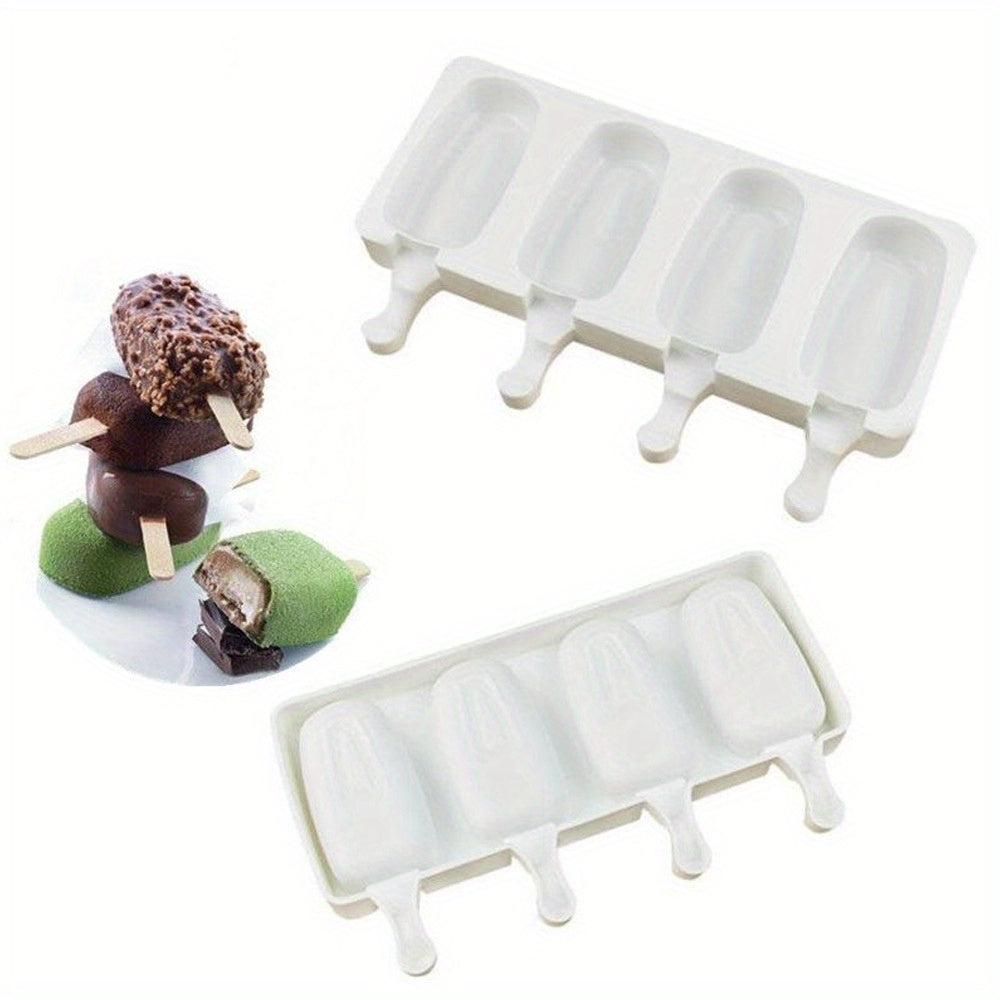 One ice candy mold set including one large mold and four small molds for making ice cream, mousse, pudding, candy, chocolate popsicles, and cakes. Made of silicone for easy DIY dessert making.