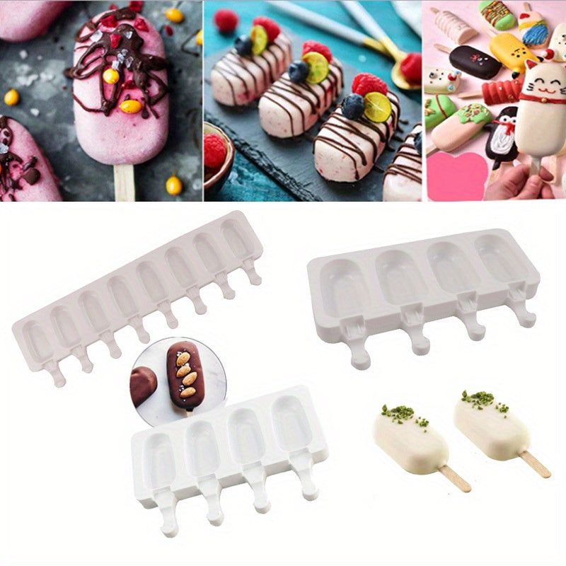 One ice candy mold set including one large mold and four small molds for making ice cream, mousse, pudding, candy, chocolate popsicles, and cakes. Made of silicone for easy DIY dessert making.