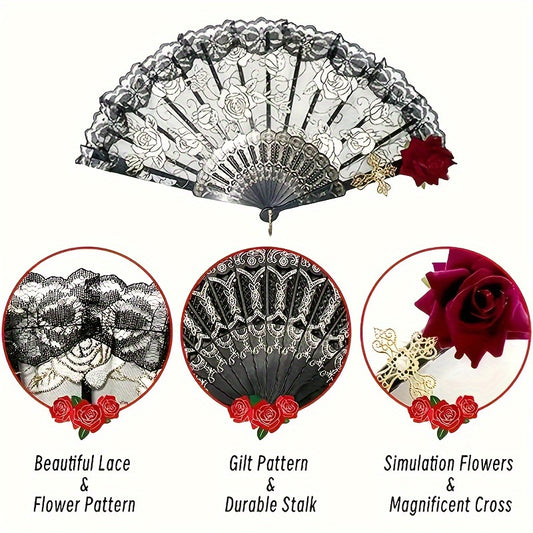 Vintage Spanish Folding Fan with Flamenco Rose Flower Lace, ideal for parties, weddings, and home decor in black color.