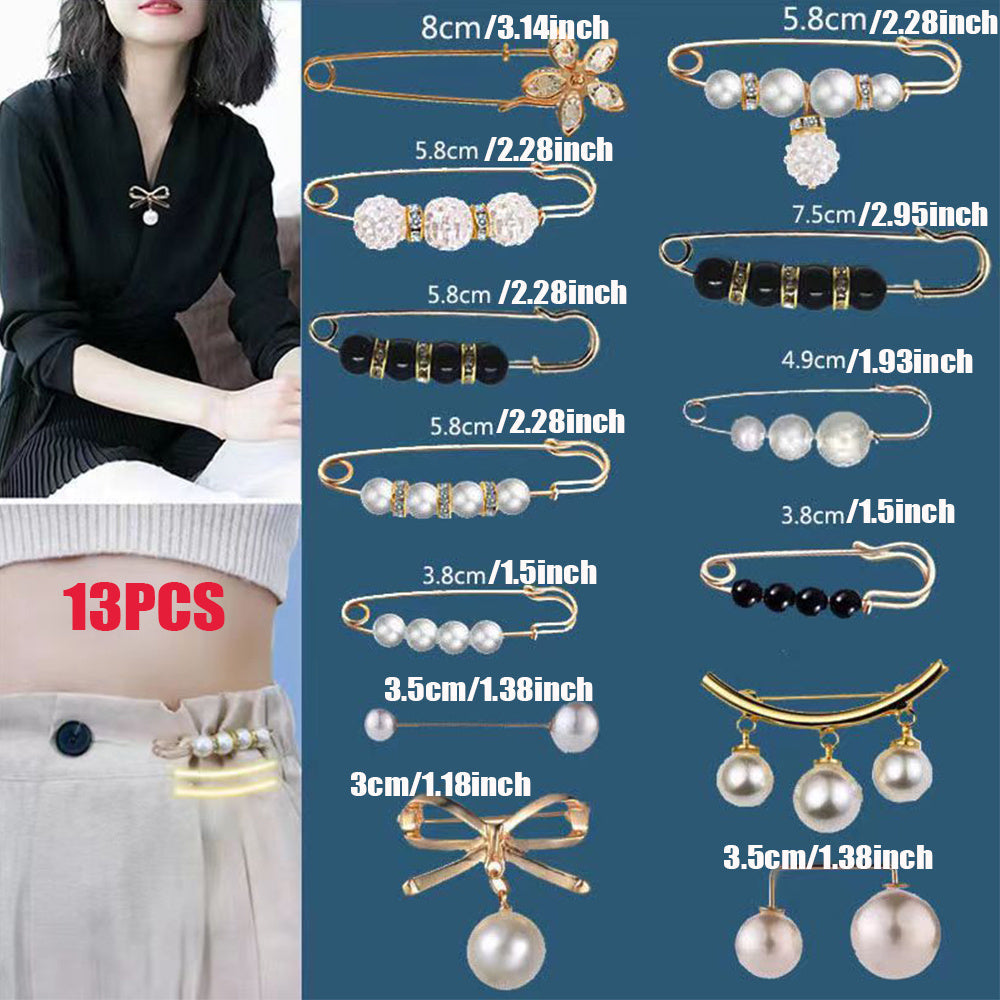 Set of 13 Brooch Pins, Double Faux Pearl Shawl, Hat, and Neckline Pins for Women, Perfect for Daily Fashion Wear. Can be used as Cover Up Buttons, Clothing Dress Decoration, Accessories, Pant Waist Tighteners, and Safety Pins.