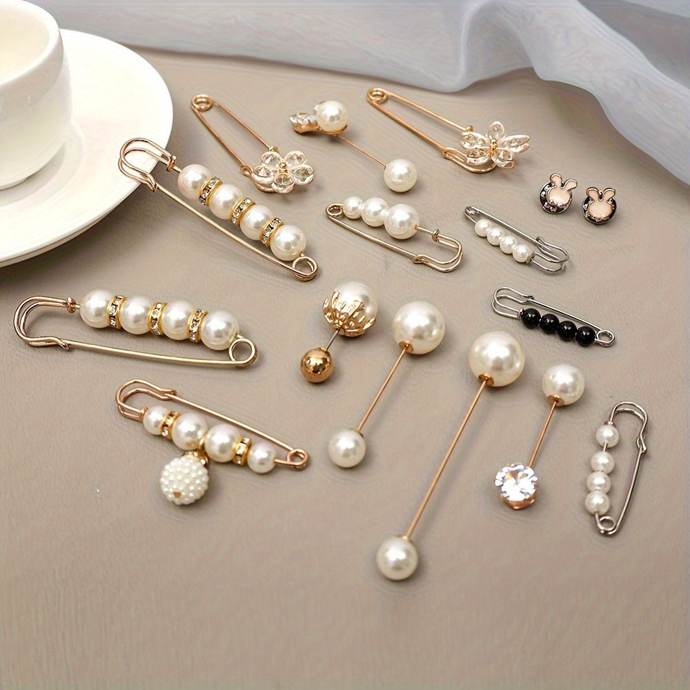 Set of 13 Brooch Pins, Double Faux Pearl Shawl, Hat, and Neckline Pins for Women, Perfect for Daily Fashion Wear. Can be used as Cover Up Buttons, Clothing Dress Decoration, Accessories, Pant Waist Tighteners, and Safety Pins.