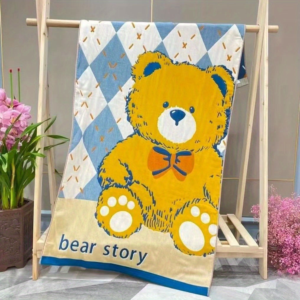 Cartoon bear and dinosaur themed cotton bath towel, 400 GSM, super absorbent, quick-dry, soft, skin-friendly, oversized, modern style, 100% cotton, wash cloths.