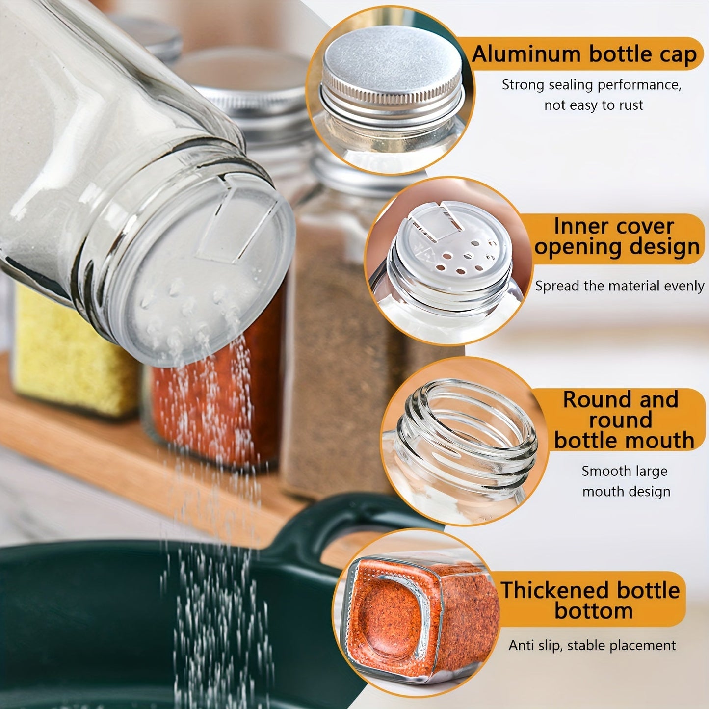 Complete your kitchen with our 24-piece Glass Spice Jar Set, featuring Aluminum Lids. Each 4oz Square Container is perfect for storing seasonings, salt, pepper, and more. Includes Labels, Collapsible Funnel, and Brush to keep your spices organized and