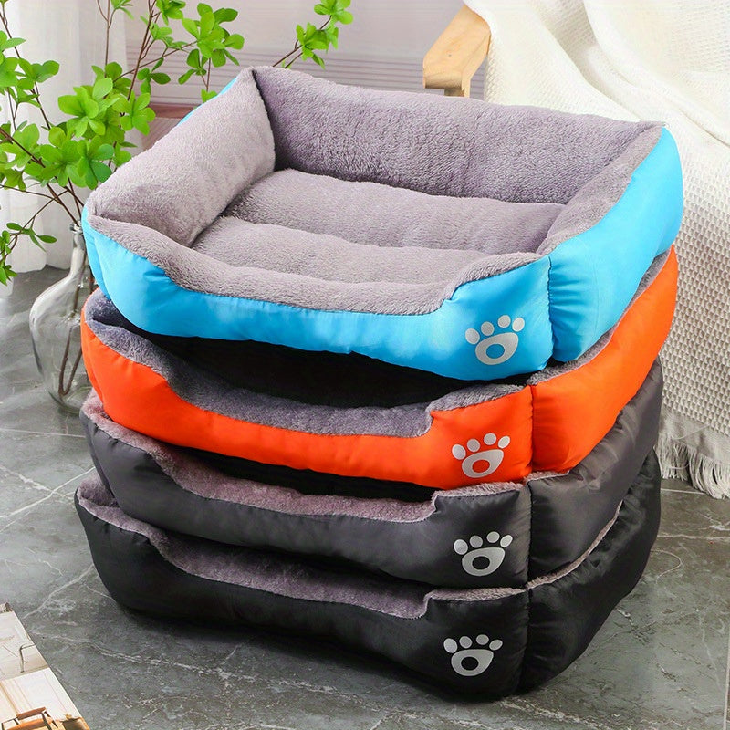 Soft plush pet bed for small to medium dogs, featuring paw prints design, cozy and washable.