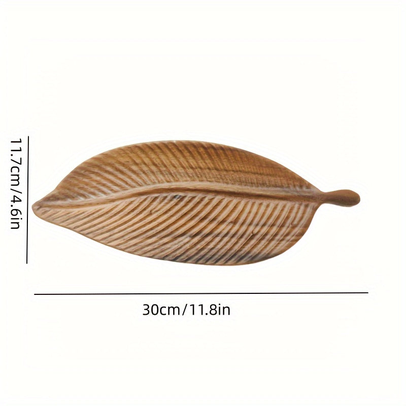 Wood leaf shaped serving tray for breakfast, dessert, bread, snacks, and sushi. Multipurpose and durable for home or commercial use. Ideal for kitchen and table decoration.