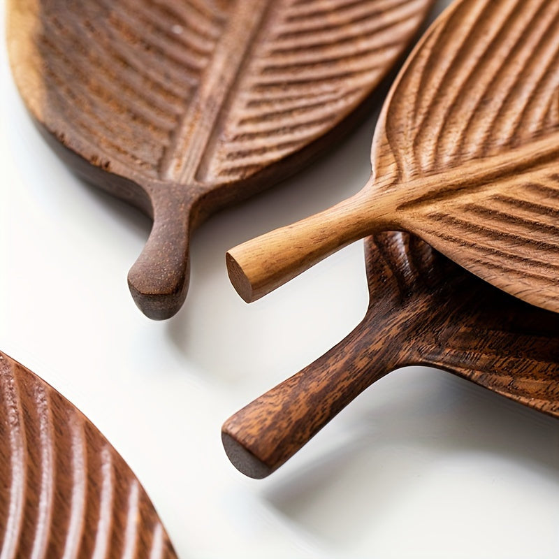 Wood leaf shaped serving tray for breakfast, dessert, bread, snacks, and sushi. Multipurpose and durable for home or commercial use. Ideal for kitchen and table decoration.