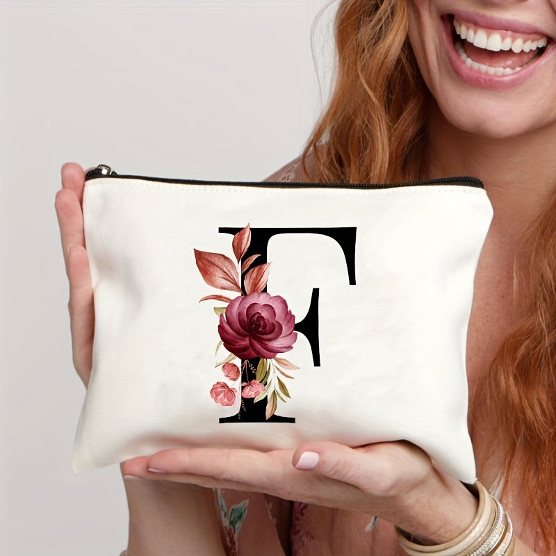 Waterproof makeup bag featuring floral pattern, zipper closure; lightweight and versatile for women.