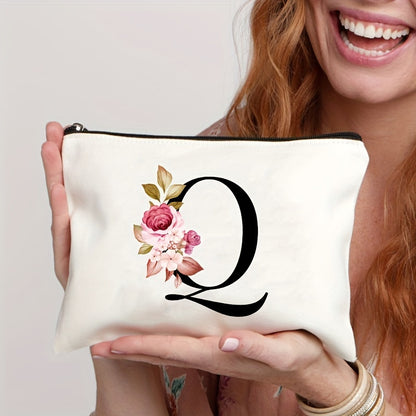 Waterproof makeup bag featuring floral pattern, zipper closure; lightweight and versatile for women.