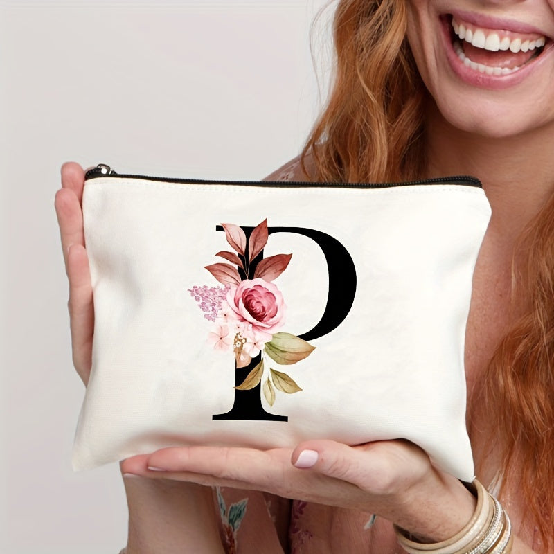 Waterproof makeup bag featuring floral pattern, zipper closure; lightweight and versatile for women.