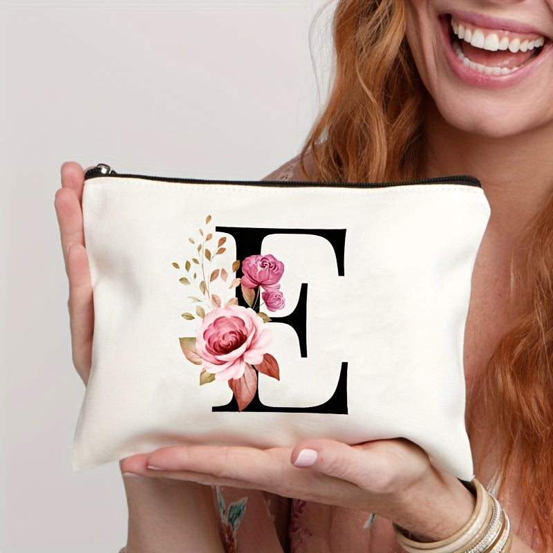 Waterproof makeup bag featuring floral pattern, zipper closure; lightweight and versatile for women.