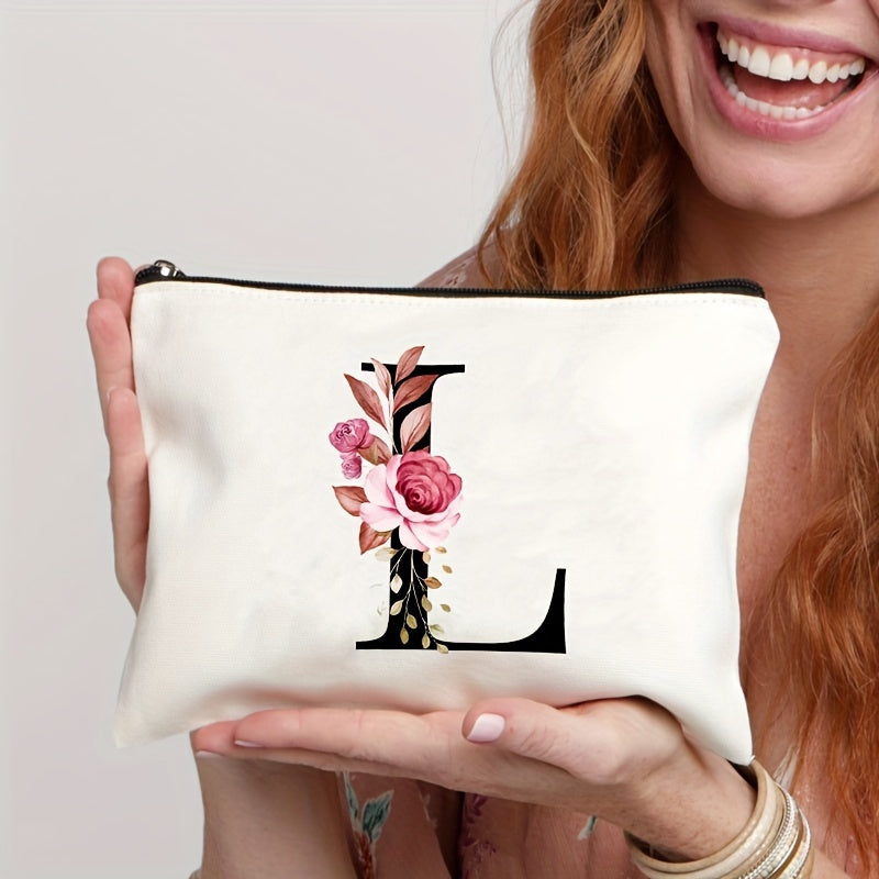 Waterproof makeup bag featuring floral pattern, zipper closure; lightweight and versatile for women.