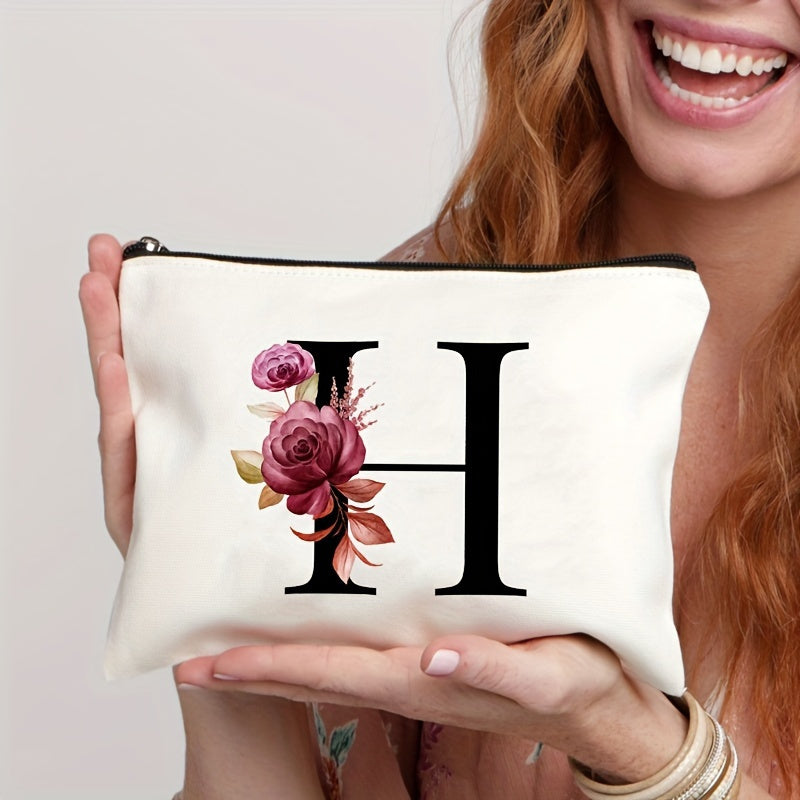 Waterproof makeup bag featuring floral pattern, zipper closure; lightweight and versatile for women.