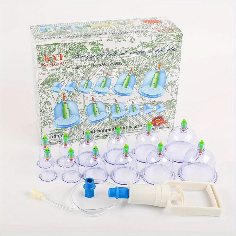 12-piece professional cupping therapy set with manual pump, 6 unique jar shapes, plastic material, no need for electricity or batteries, includes extension tube, gift boxed.