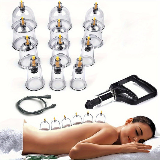 12-piece professional cupping therapy set with manual pump, 6 unique jar shapes, plastic material, no need for electricity or batteries, includes extension tube, gift boxed.