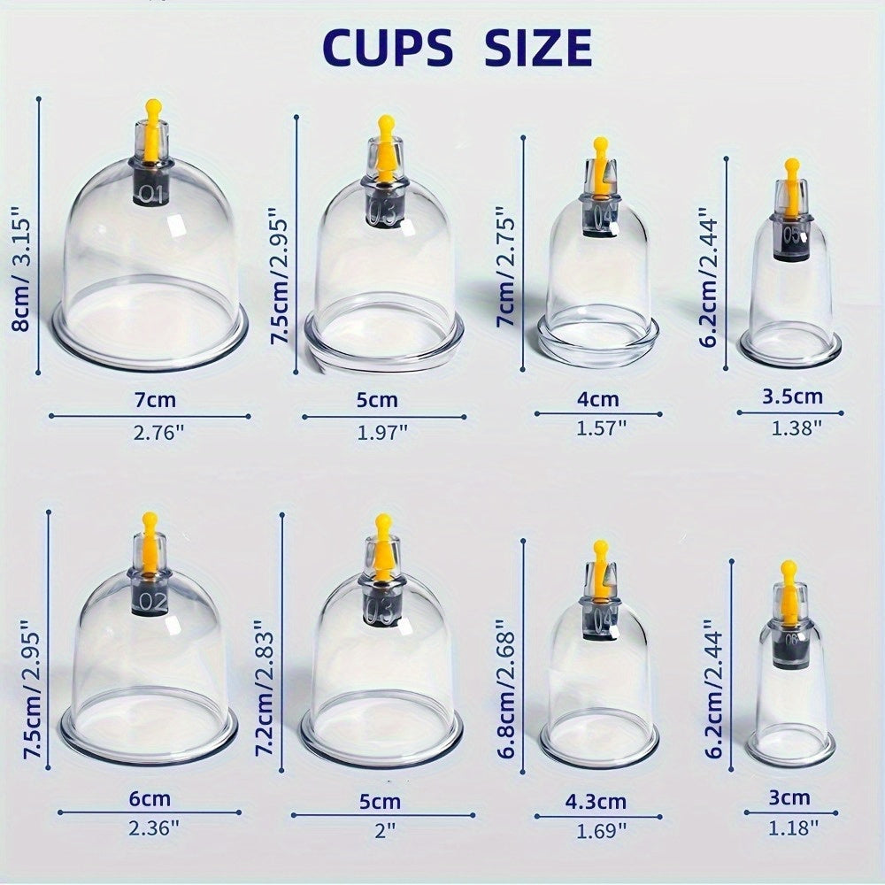 12-piece professional cupping therapy set with manual pump, 6 unique jar shapes, plastic material, no need for electricity or batteries, includes extension tube, gift boxed.