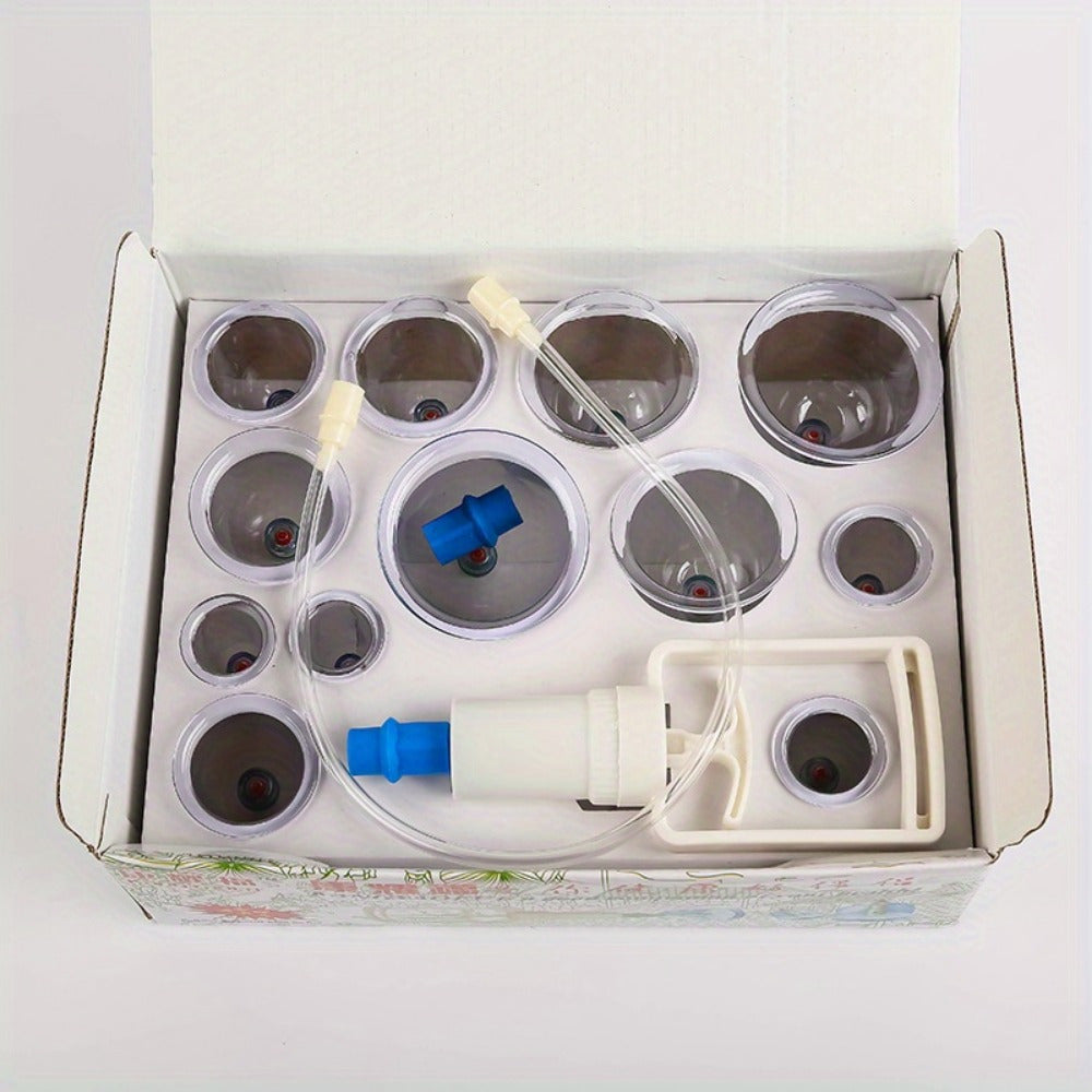 12-piece professional cupping therapy set with manual pump, 6 unique jar shapes, plastic material, no need for electricity or batteries, includes extension tube, gift boxed.