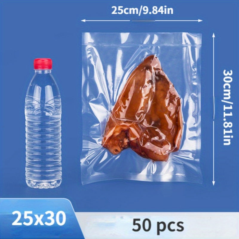 50 pieces of thickened mesh road vacuum bags for food packaging. These compressed plastic sealing bags are designed for use with vacuum machines. The roll bags seal in freshness and keep food items secure.