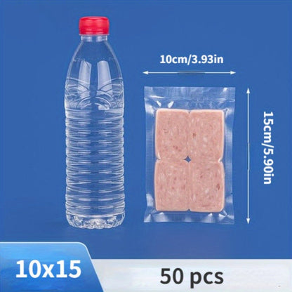 50 pieces of thickened mesh road vacuum bags for food packaging. These compressed plastic sealing bags are designed for use with vacuum machines. The roll bags seal in freshness and keep food items secure.