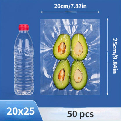 50 pieces of thickened mesh road vacuum bags for food packaging. These compressed plastic sealing bags are designed for use with vacuum machines. The roll bags seal in freshness and keep food items secure.