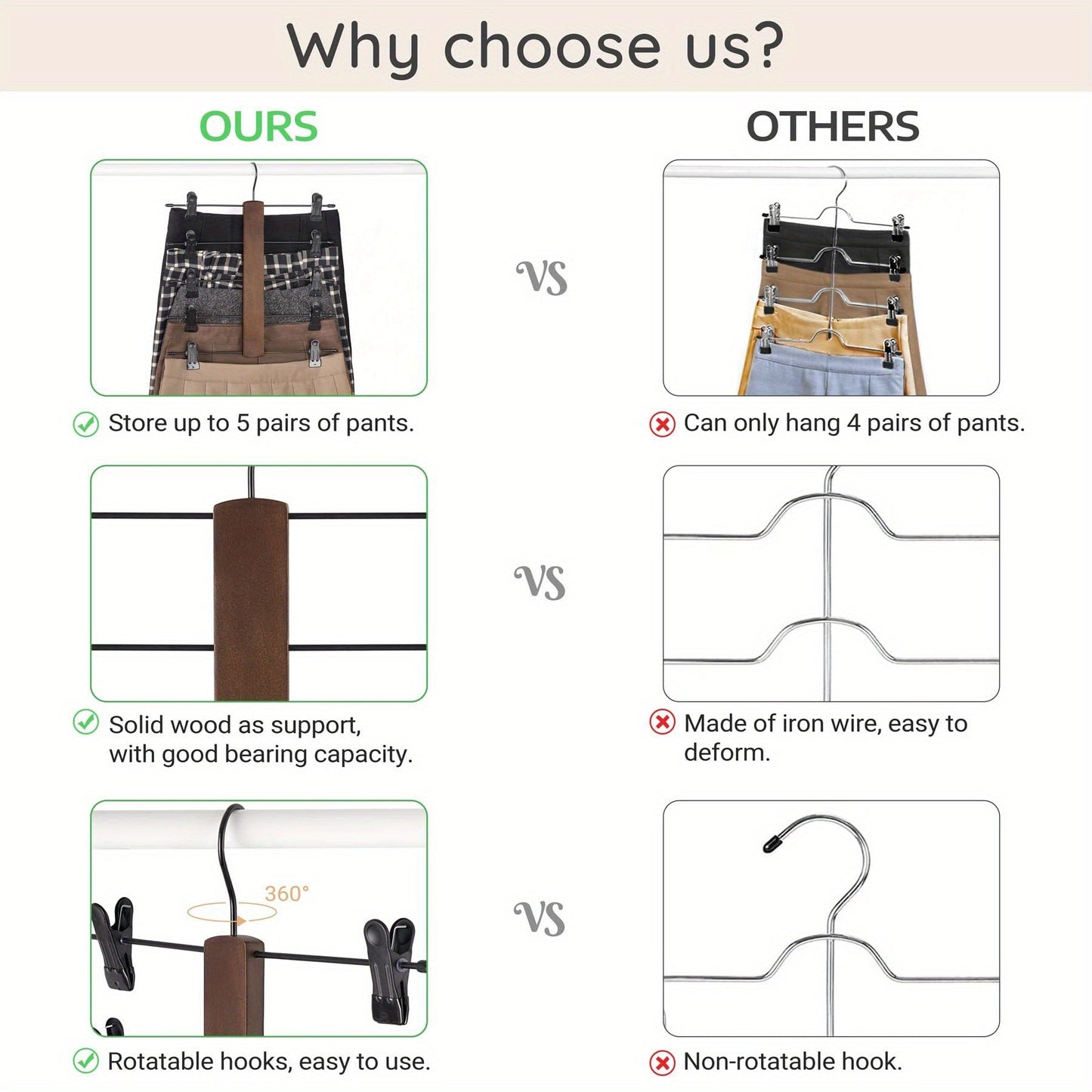 Wooden Pants Hanger with Adjustable Rubber-Coated Clips - 5-Tier Skirt Organizer for Jeans, Shorts, and Trousers. Space-Saving Closet Hanger with 360° Swivel Hook for Multiple Clothing Storage. Perfect Home Supplies.