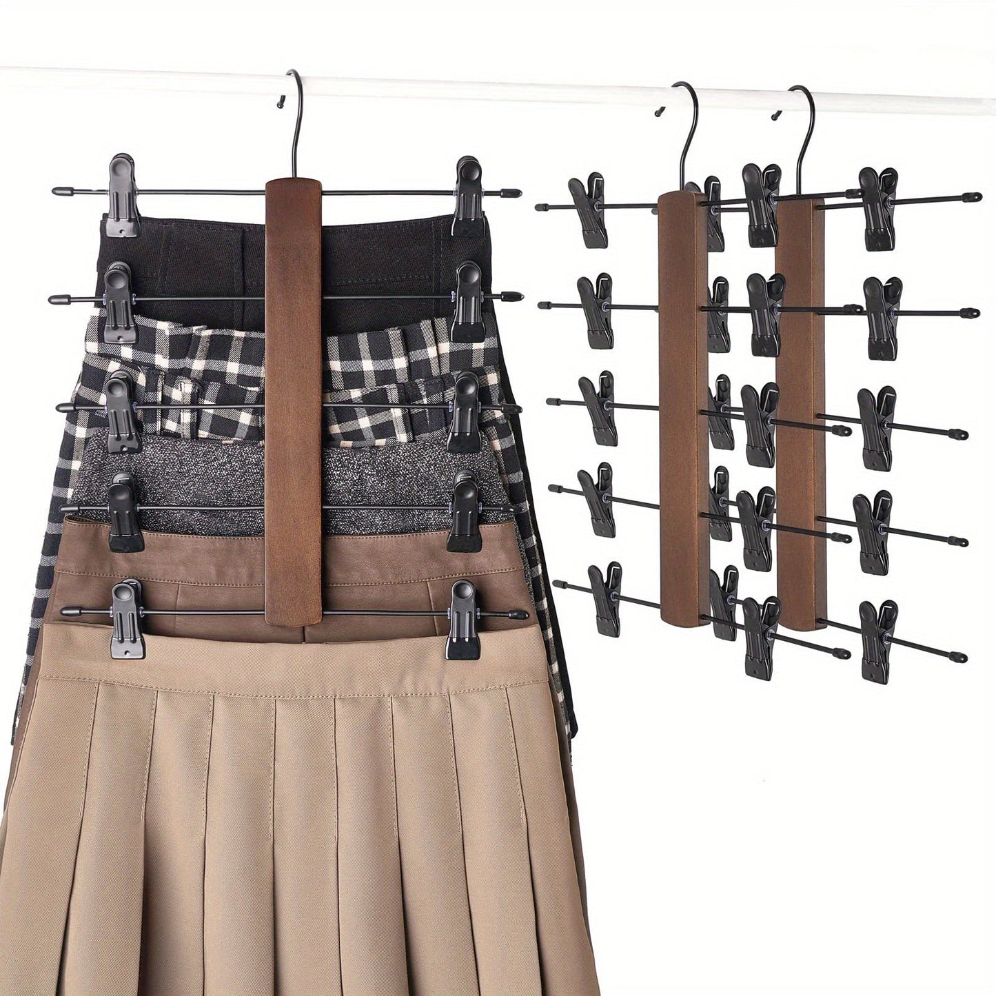 Wooden Pants Hanger with Adjustable Rubber-Coated Clips - 5-Tier Skirt Organizer for Jeans, Shorts, and Trousers. Space-Saving Closet Hanger with 360° Swivel Hook for Multiple Clothing Storage. Perfect Home Supplies.