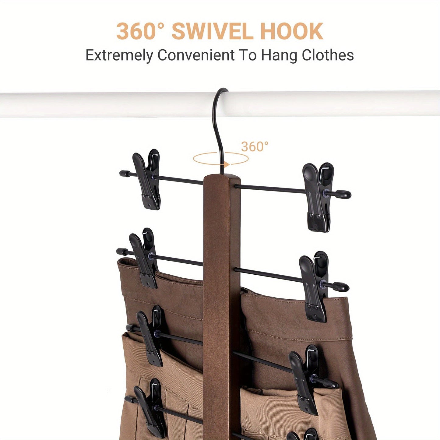 Wooden Pants Hanger with Adjustable Rubber-Coated Clips - 5-Tier Skirt Organizer for Jeans, Shorts, and Trousers. Space-Saving Closet Hanger with 360° Swivel Hook for Multiple Clothing Storage. Perfect Home Supplies.