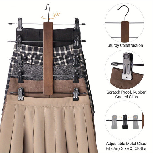 Wooden Pants Hanger with Adjustable Rubber-Coated Clips - 5-Tier Skirt Organizer for Jeans, Shorts, and Trousers. Space-Saving Closet Hanger with 360° Swivel Hook for Multiple Clothing Storage. Perfect Home Supplies.