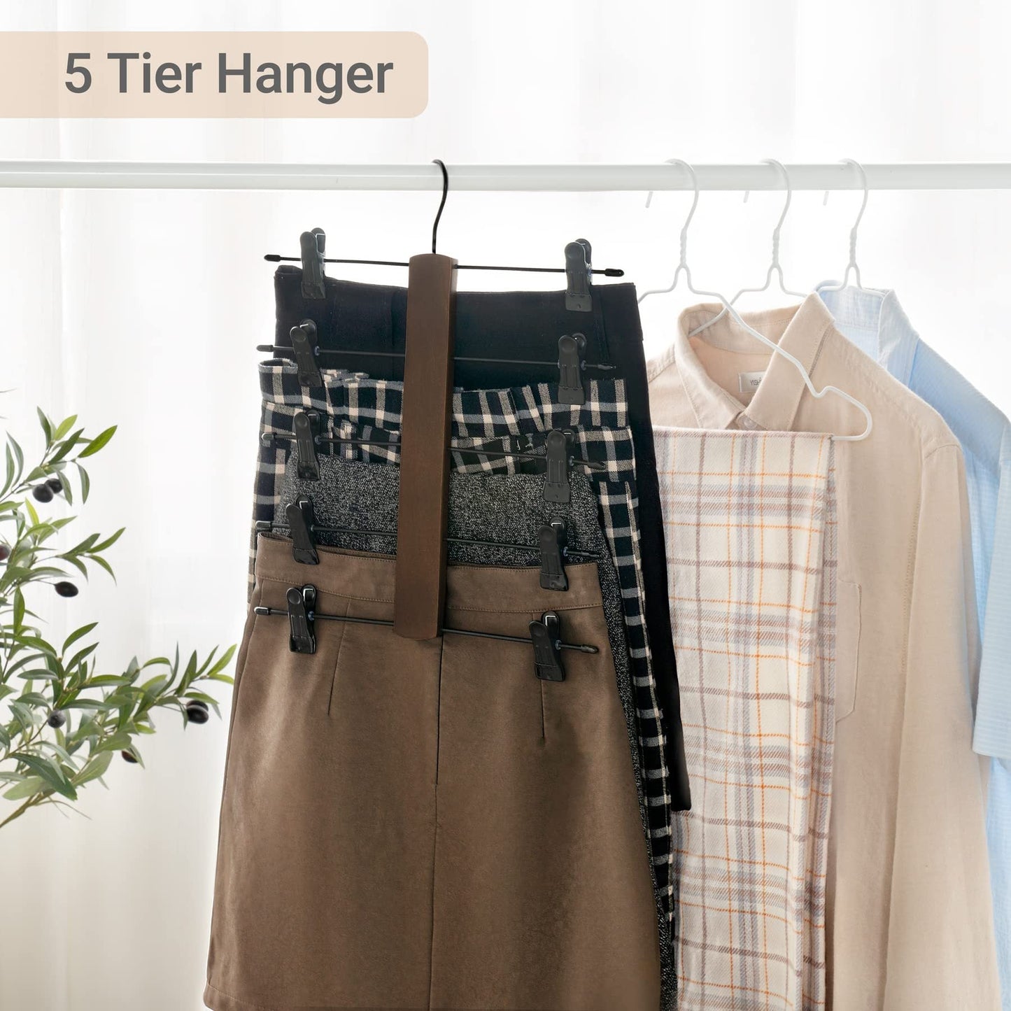 Wooden Pants Hanger with Adjustable Rubber-Coated Clips - 5-Tier Skirt Organizer for Jeans, Shorts, and Trousers. Space-Saving Closet Hanger with 360° Swivel Hook for Multiple Clothing Storage. Perfect Home Supplies.