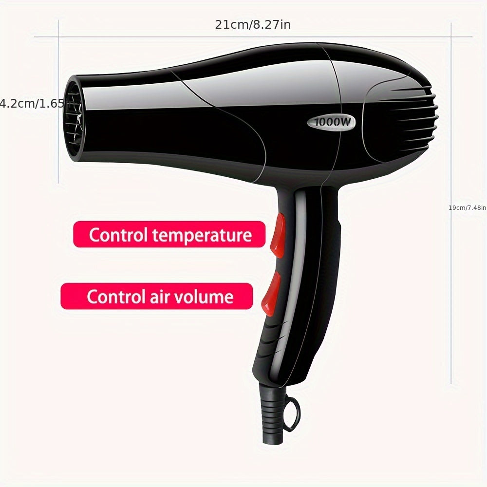 A 1000W hair dryer with a non-foldable handle, European plug, 1.5-3m cord, plastic construction, and nozzle attachment ideal for dorm use.