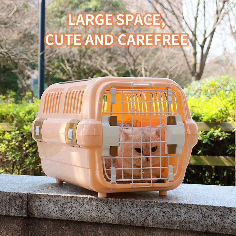 Portable pet air case with hanging bowl, diaper pad, cat storage box, car cage, and large plastic cat cage.