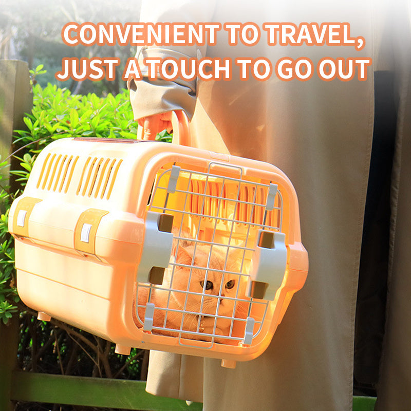 Portable pet air case with hanging bowl, diaper pad, cat storage box, car cage, and large plastic cat cage.