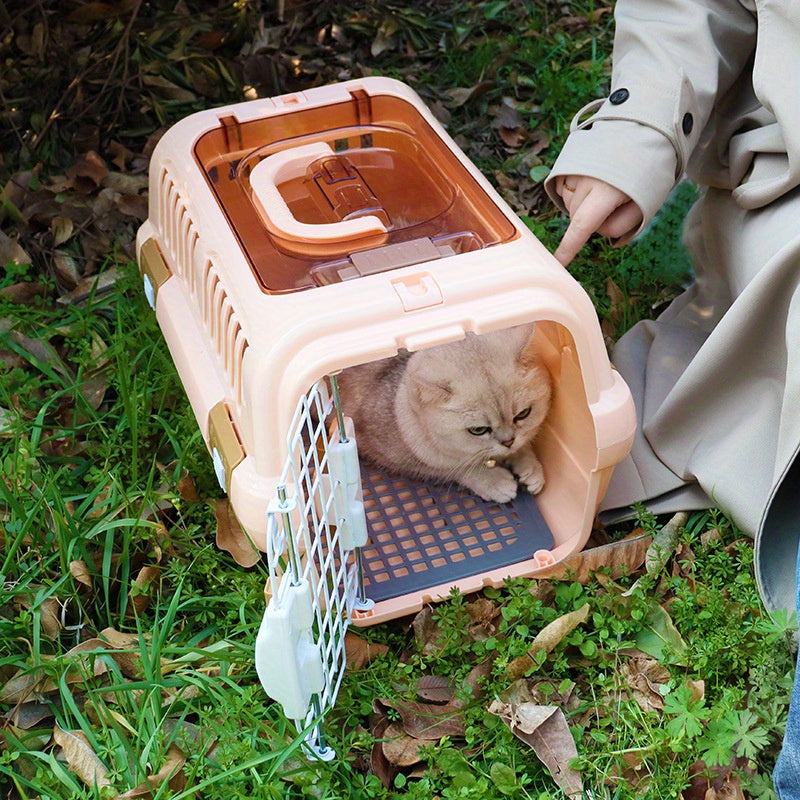 Portable pet air case with hanging bowl, diaper pad, cat storage box, car cage, and large plastic cat cage.