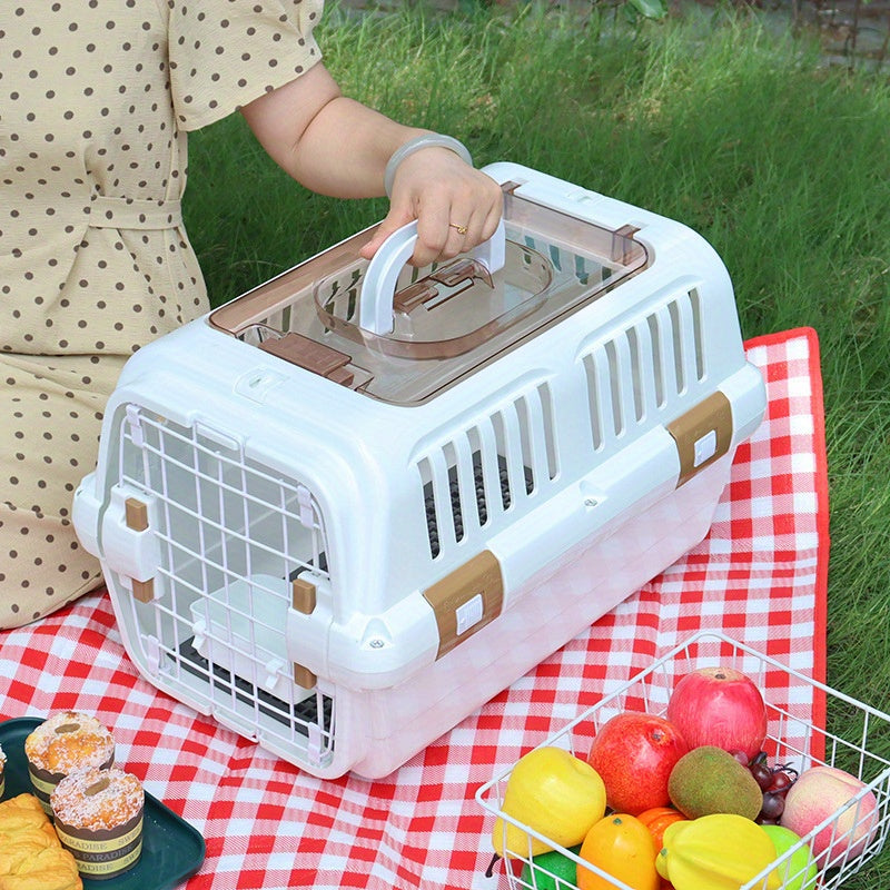 Portable pet air case with hanging bowl, diaper pad, cat storage box, car cage, and large plastic cat cage.