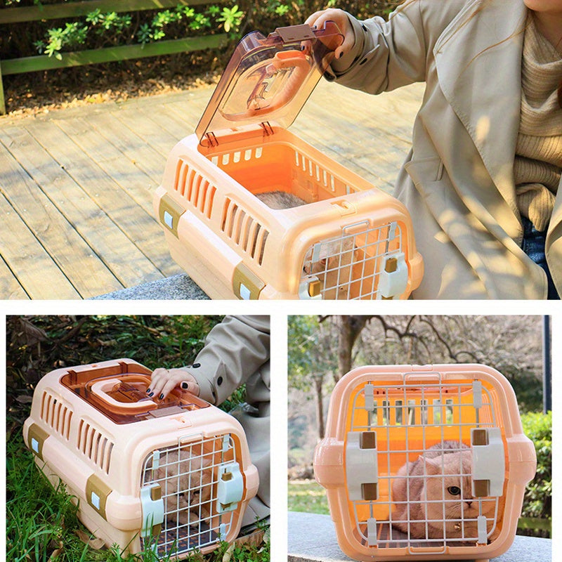 Portable pet air case with hanging bowl, diaper pad, cat storage box, car cage, and large plastic cat cage.