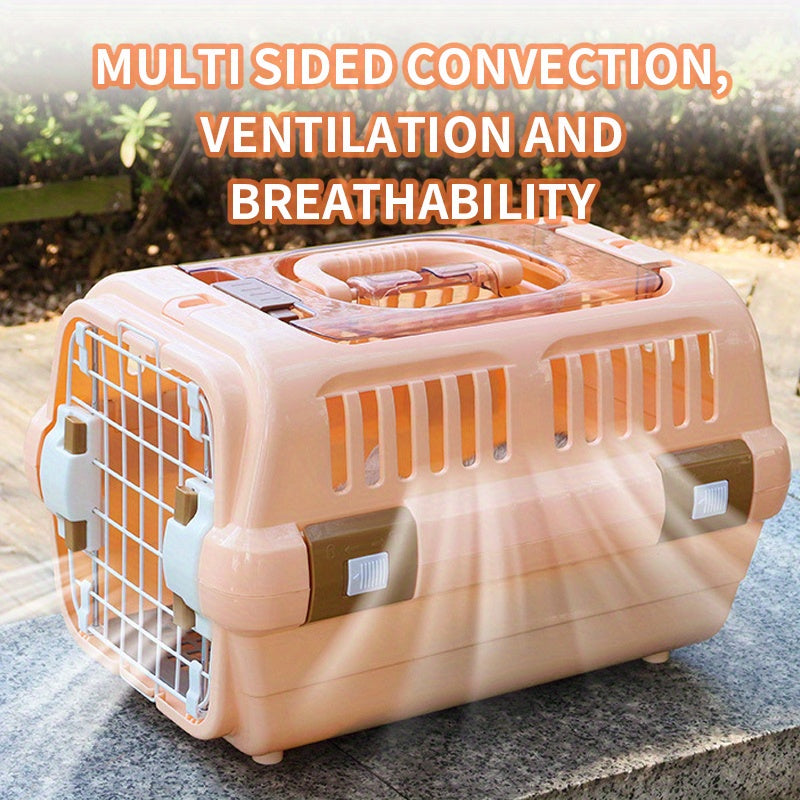 Portable pet air case with hanging bowl, diaper pad, cat storage box, car cage, and large plastic cat cage.