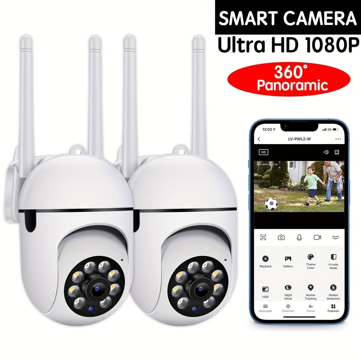 Introducing our Smart Security Camera, equipped with 1080P Ultra HD resolution, Wireless WiFi connectivity, Two-Way Audio communication, PTZ functionality, Motion Tracking feature, and Night Vision capabilities. This camera is compatible with smartphones