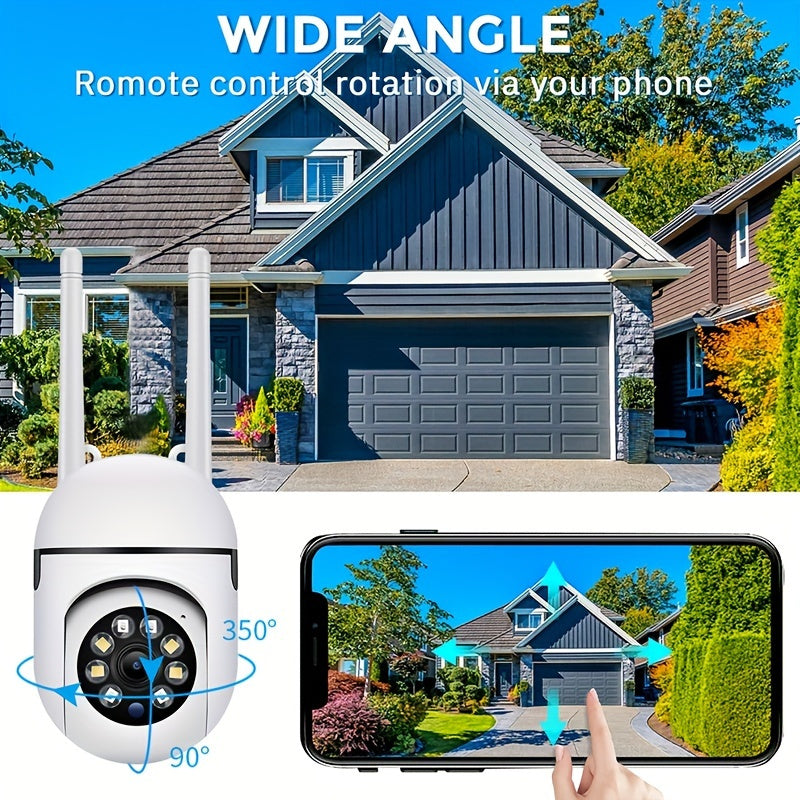 Introducing our Smart Security Camera, equipped with 1080P Ultra HD resolution, Wireless WiFi connectivity, Two-Way Audio communication, PTZ functionality, Motion Tracking feature, and Night Vision capabilities. This camera is compatible with smartphones