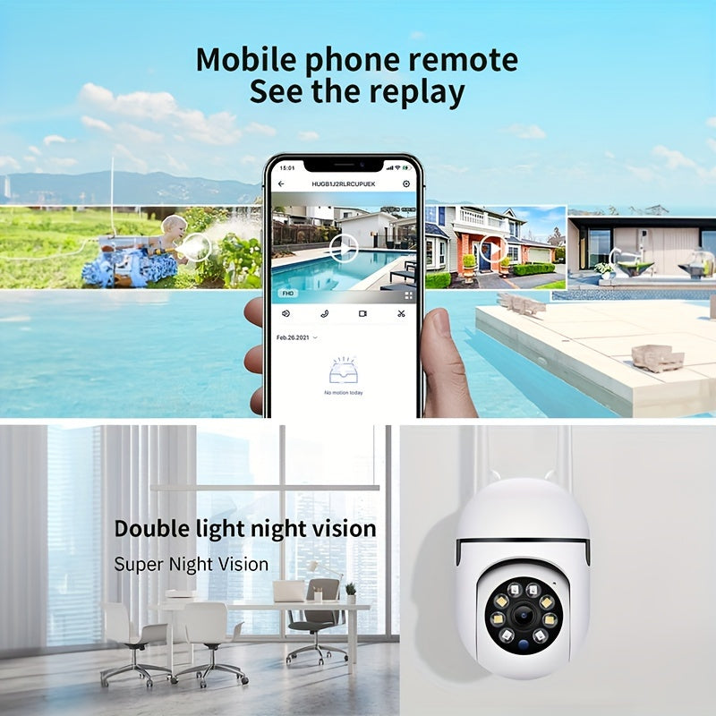 Introducing our Smart Security Camera, equipped with 1080P Ultra HD resolution, Wireless WiFi connectivity, Two-Way Audio communication, PTZ functionality, Motion Tracking feature, and Night Vision capabilities. This camera is compatible with smartphones