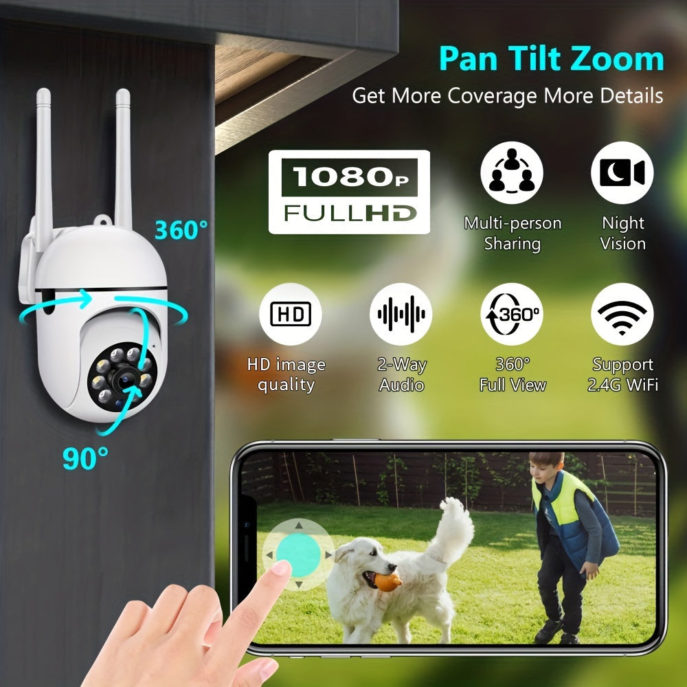 Introducing our Smart Security Camera, equipped with 1080P Ultra HD resolution, Wireless WiFi connectivity, Two-Way Audio communication, PTZ functionality, Motion Tracking feature, and Night Vision capabilities. This camera is compatible with smartphones