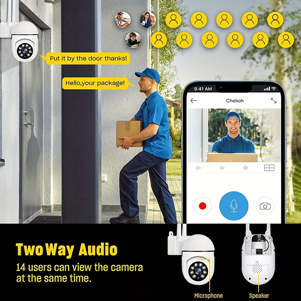 Introducing our Smart Security Camera, equipped with 1080P Ultra HD resolution, Wireless WiFi connectivity, Two-Way Audio communication, PTZ functionality, Motion Tracking feature, and Night Vision capabilities. This camera is compatible with smartphones