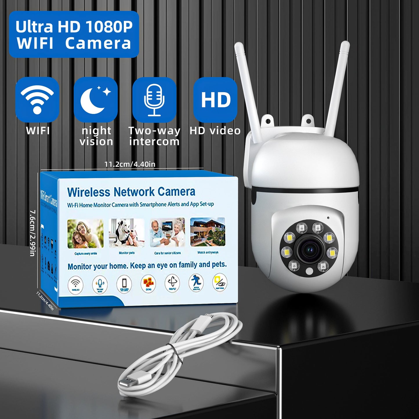 Introducing our Smart Security Camera, equipped with 1080P Ultra HD resolution, Wireless WiFi connectivity, Two-Way Audio communication, PTZ functionality, Motion Tracking feature, and Night Vision capabilities. This camera is compatible with smartphones