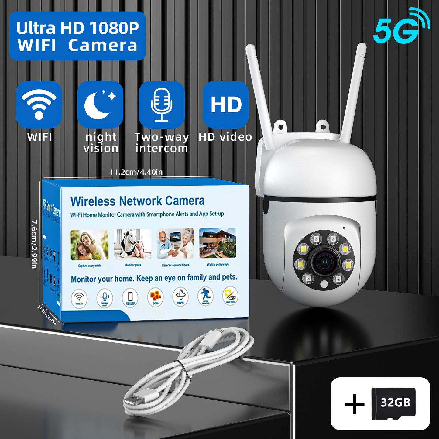 Introducing our Smart Security Camera, equipped with 1080P Ultra HD resolution, Wireless WiFi connectivity, Two-Way Audio communication, PTZ functionality, Motion Tracking feature, and Night Vision capabilities. This camera is compatible with smartphones