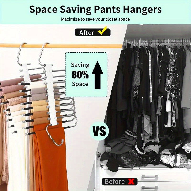 Closet storage solution: Multifunctional stainless steel pants hanger maximizes space, provides non-slip hold for jeans, and features S-shaped design for tight pant storage.