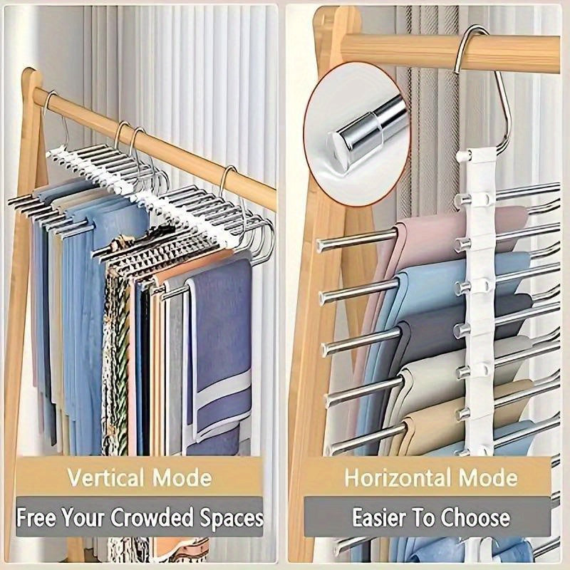 Closet storage solution: Multifunctional stainless steel pants hanger maximizes space, provides non-slip hold for jeans, and features S-shaped design for tight pant storage.